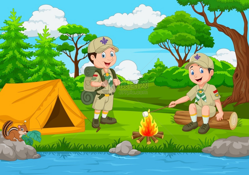 带帐篷和营地火的卡通侦察员图片