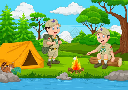 带帐篷和营地火的卡通侦察员图片