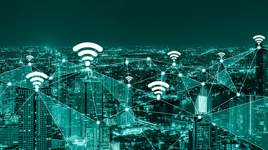 现代创意通信和互联网络连接在智能城市5g无线数字连接的概念和事物未来的互联网无线的高清图片素材