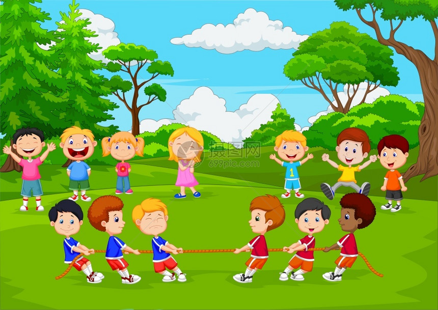 儿童在公园中玩拖战游戏的卡通儿童群体图片