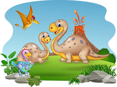 自然背景的卡通母亲和婴儿恐龙高清图片