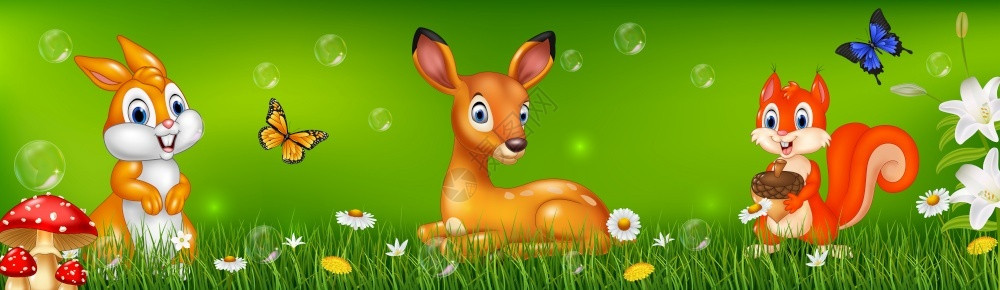 百合花蝴蝶自然背景的卡通鹿松鼠和兔子插画