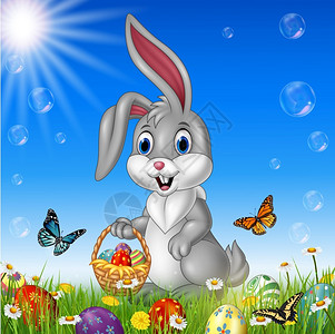 手提复活节篮子的卡通兔图片