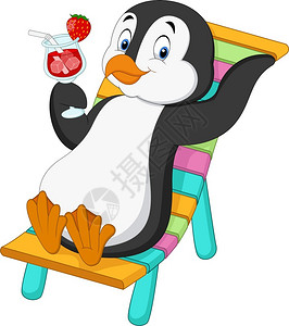 美女鸡尾酒卡通企鹅坐在沙滩椅子上并举鸡尾酒插画