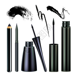美女用笔刷化妆收集眼线铅笔草标记瓶和直线面部化妆品装饰等布局上切合实际的三维插图设计图片