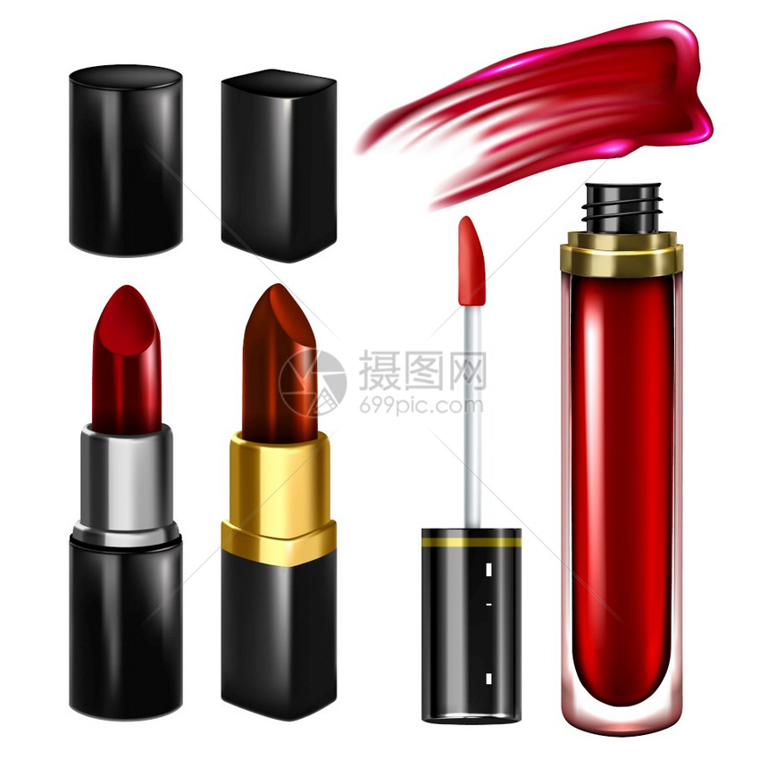 收集不同风格和颜色的口红瓶套件相对于美容产品脸色模板符合实际的3d插图口红和唇光片附加物套件图片