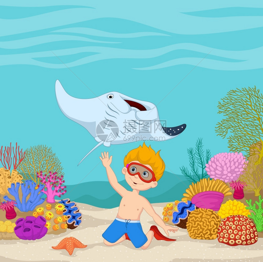 卡通小男孩在水下与黄貂鱼潜水图片