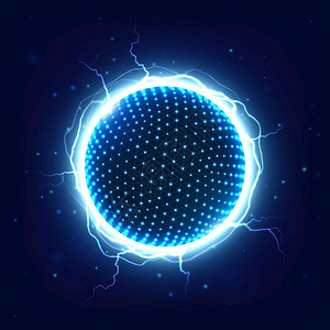 电雷闪烁的能球圆点被亮蓝闪电包围的球圆点与电闪光一起烁现代技术矢量说明圆点与亮蓝色闪电环绕的球背景图片