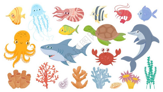 卡通海洋生物可爱鱼类水生珊瑚 背景图片