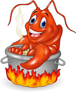 红色的锅卡通龙虾在锅里煮插画