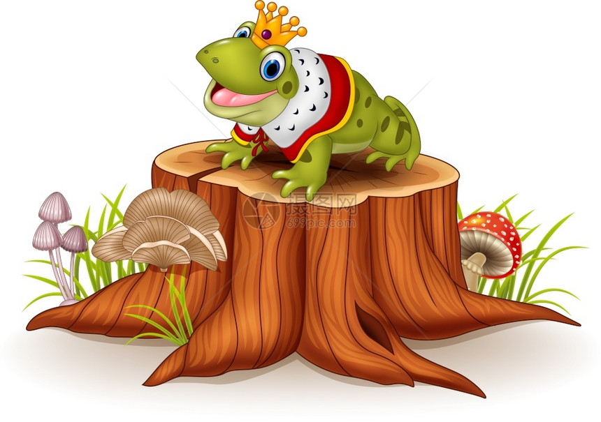 坐在树桩上着的卡通有趣青蛙国王图片