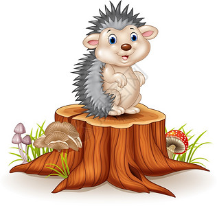 年幼小刺猬坐在树桩上的可爱刺猬插画