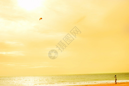 男孩在海滨放风筝活动高清图片素材