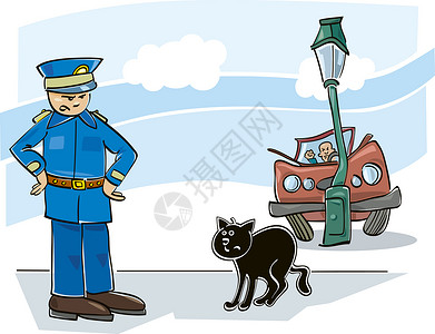 卡通树林和猫说明造成车祸和愤怒警察的黑猫背景