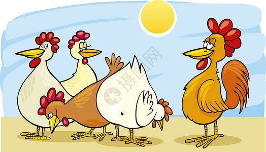 春天卡通背景农耕中的公鸡和母插图背景