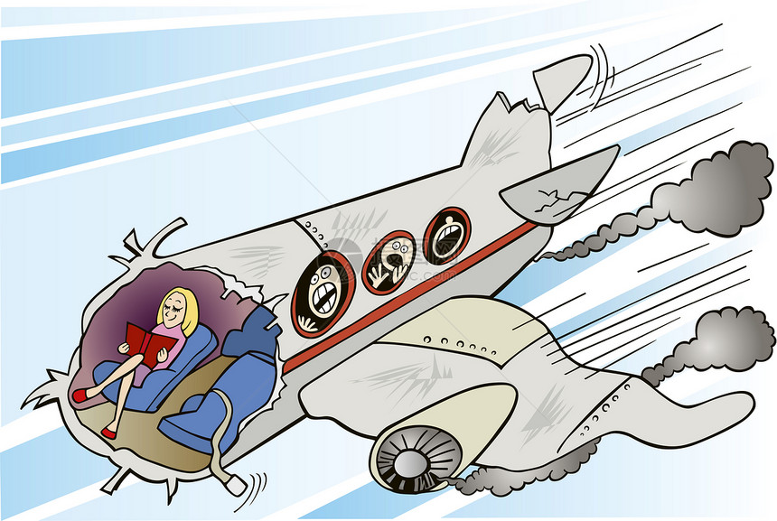插图上的女孩在坠落的卡通飞机上看书图片