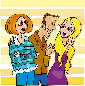 卡通插图男人说话可爱金发女孩和他嫉妒的妻子背景图片