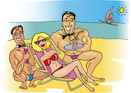 帅哥卡通和两个帅哥一起在海滩上开心女人的插图背景