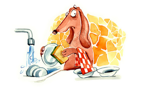 洗碗狗的幽默式插图背景图片