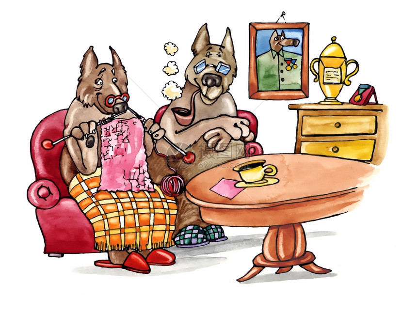 家庭内旧狗情侣的幽默式插图图片