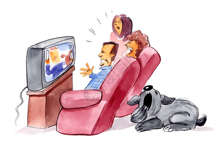 家庭观看电视和无聊的狗图片