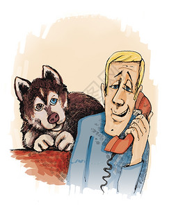 卡通打电话人类呼唤和哈斯基狗的插图背景