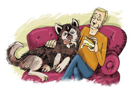沙爹酱在沙发上展示哈斯基狗和他的主人幽默式插图背景