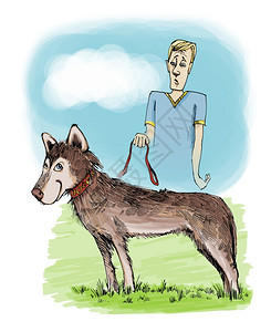 卡通哈士奇狗霍斯基狗及其主人在展品的插图背景