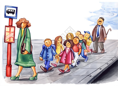 在公共汽车站上礼貌的儿童插画图片