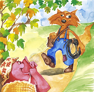 猪和水管工狐狸夫人的童话插图背景图片
