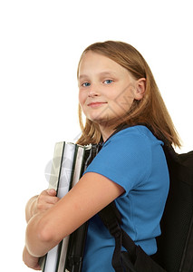 可爱的女学生背着包手里拿着书图片