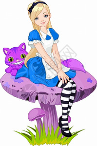 坐在大蘑菇上的爱丽丝和小猫卡通矢量插画图片