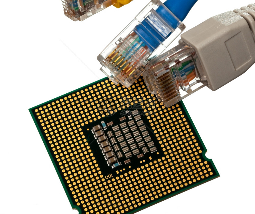 在的cpu芯片上以白色背景在的芯片上隔离多种颜色cat5e电缆上的插件图片