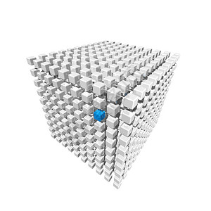由立方体制成的单三维白色用蓝选定点旋转由小立方体制成的图片