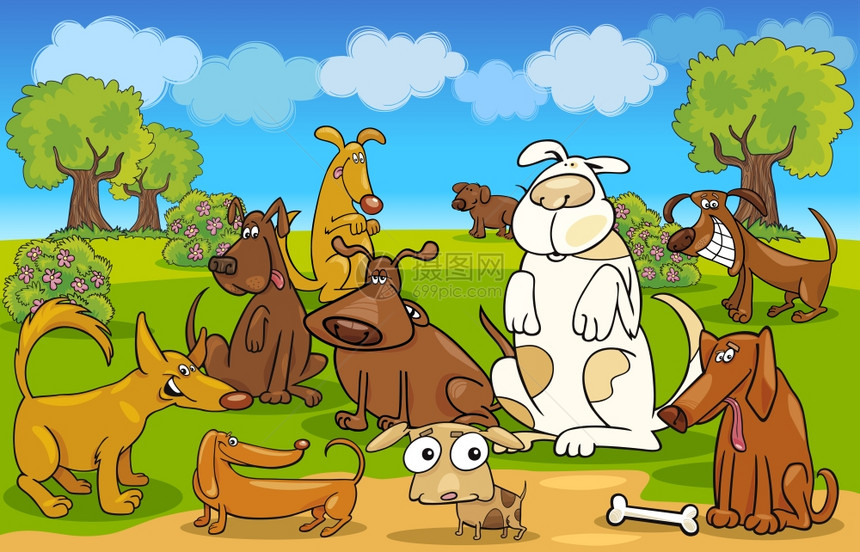 草地上狗的漫画插图图片