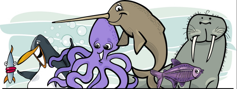 卡通手绘海洋鱼海洋生物动标头设计漫画插图背景