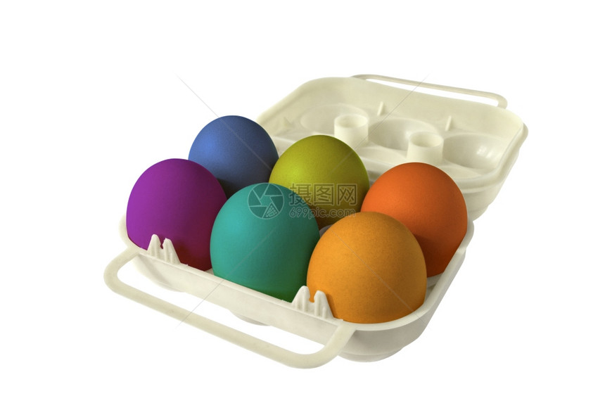 蛋盒中的6个色东方鸡蛋彩图片