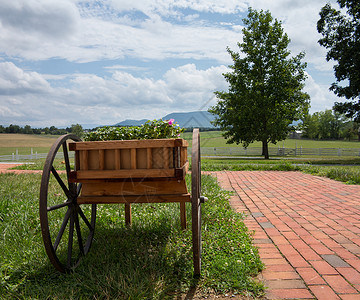 木车载着鲜花和鲜花由砖径景观图片
