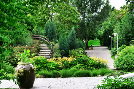 拥有美丽的通道花床和灌木的公园背景图片