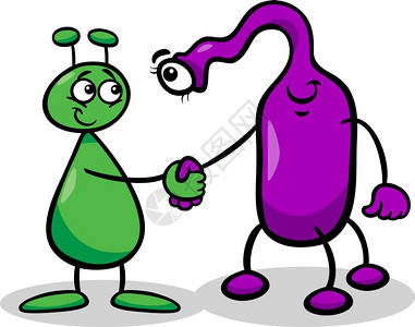 两个蚂蚁素材两个有趣的外星人或马提亚漫画物握手的插图插画
