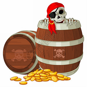 红发海盗骷髅骨架从桶里出来插画