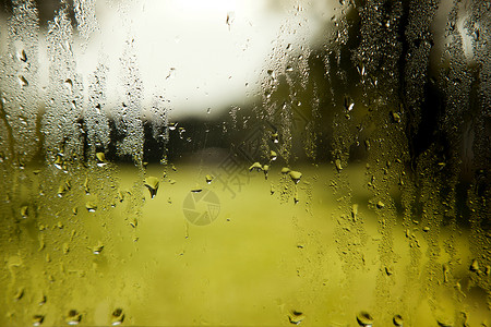 由湿风挡玻璃雨滴和绿白背景构成的背景