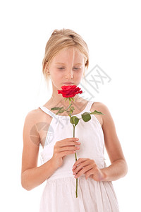 女孩闻着红玫瑰图片