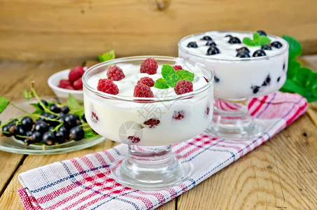 两杯厚的酸奶上面有草莓和薄荷图片