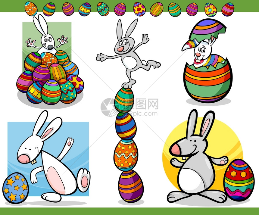 以兔子和小鸡蛋来展示复活节快乐主题的卡通插图图片