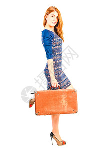 时装髦的漂亮女孩带回型手提箱背景图片