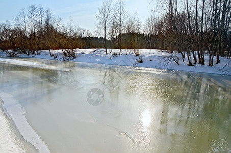 河流雪灌木和树融化的冰雪景观高清图片素材