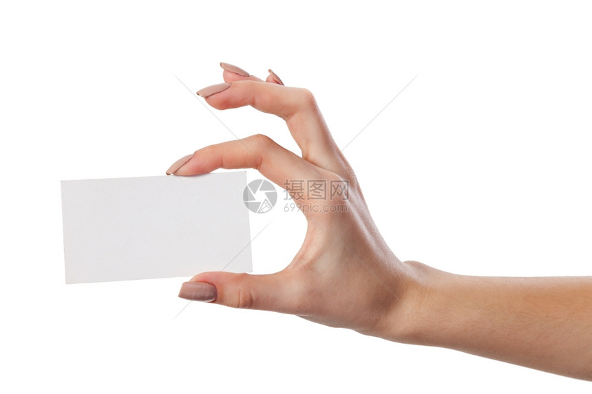 商业妇女手持空白纸名片以色背景隔开图片