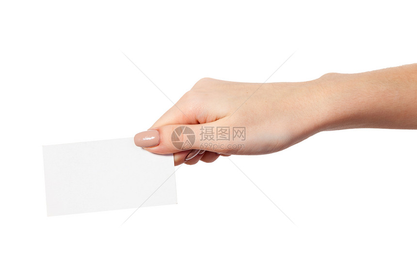 商业妇女手持空白纸名片以色背景隔开图片