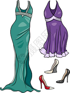 妇女晚礼服和鞋用具的漫画插图图片